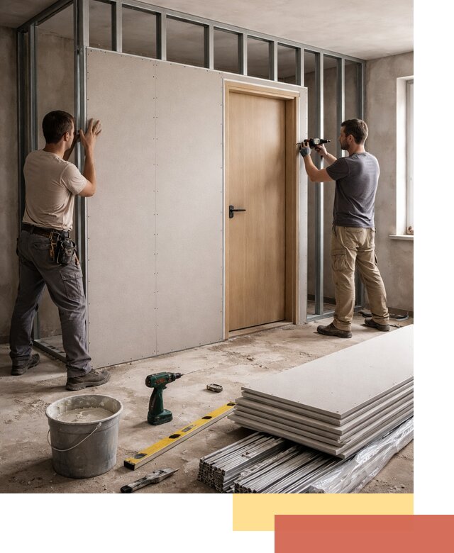 Перегородка из гипсокартона с дверью под ключ в Городце