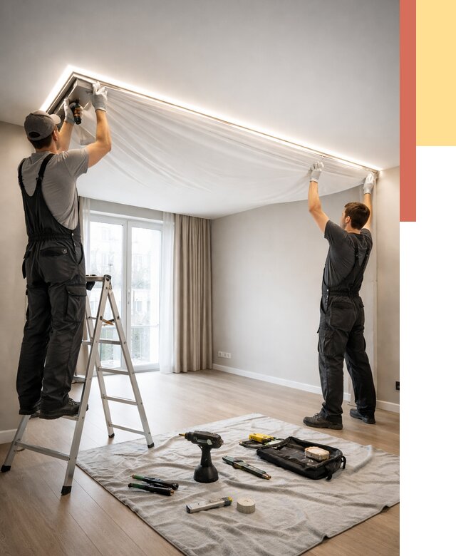 Монтаж парящего натяжного потолка в Городце от 4555 руб. быстро и недорого | ОТДЕЛОЧНИК-Грд