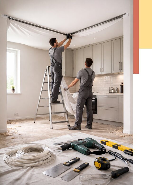 Установка натяжного потолка на кухне в Городце от 2430 руб. | ОТДЕЛОЧНИК-Грд