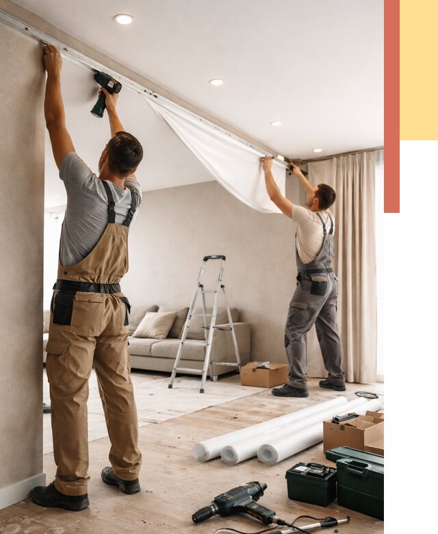 Монтаж натяжного потолка в гостиной в Городце от 557 руб. | ОТДЕЛОЧНИК-Грд