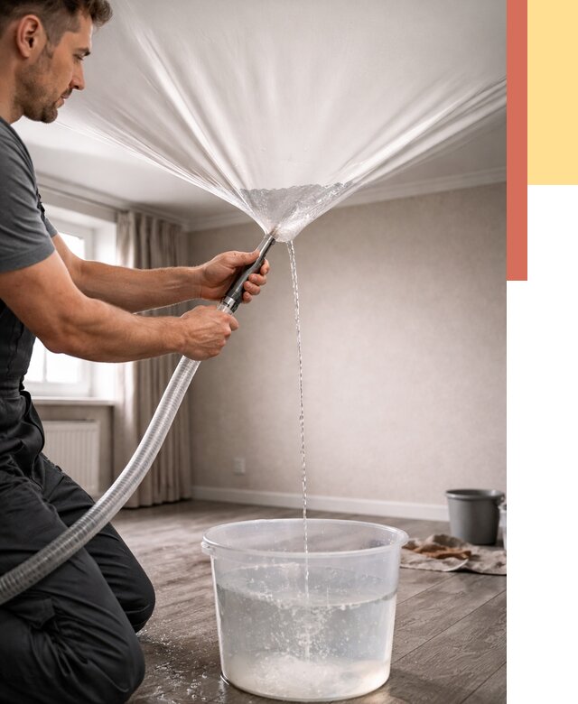 Слив воды с натяжного потолка в Городце от 2531 руб. быстро и недорого | ОТДЕЛОЧНИК-Грд