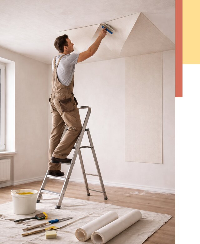 Поклейка обоев на потолок в Городце от 4555 руб. быстро и недорого | ОТДЕЛОЧНИК-Грд